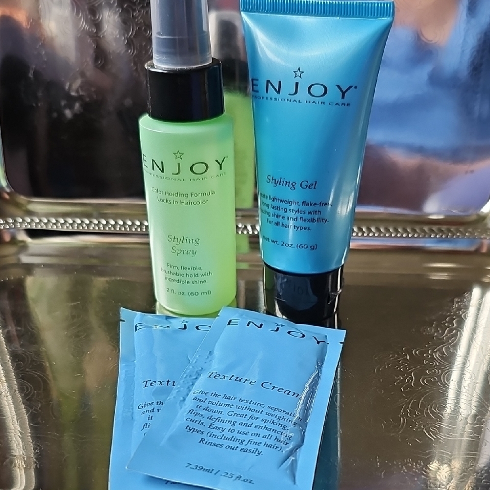 New Enjoy Hair Care Styling Gel, Styling Spray & Texture Cream Sample Lot Bundle